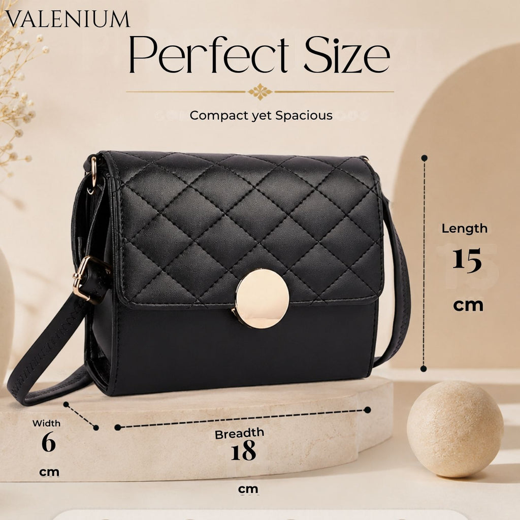 Valenium Quilted Round Lock Sling Bag (Black)