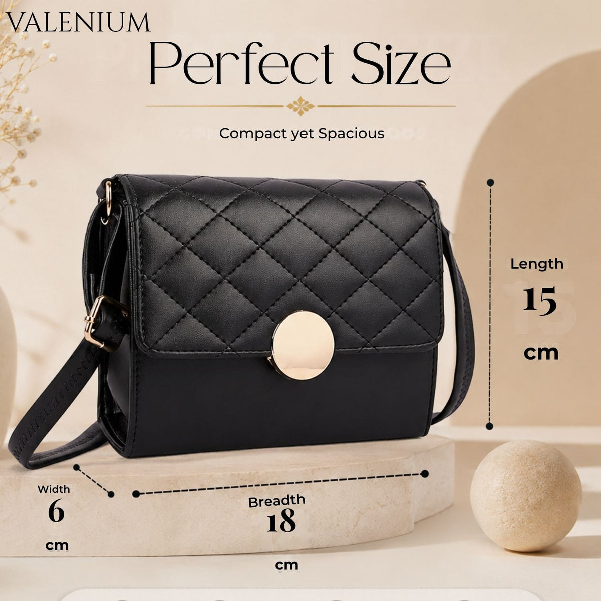 Valenium Quilted Round Lock Sling Bag (Black)
