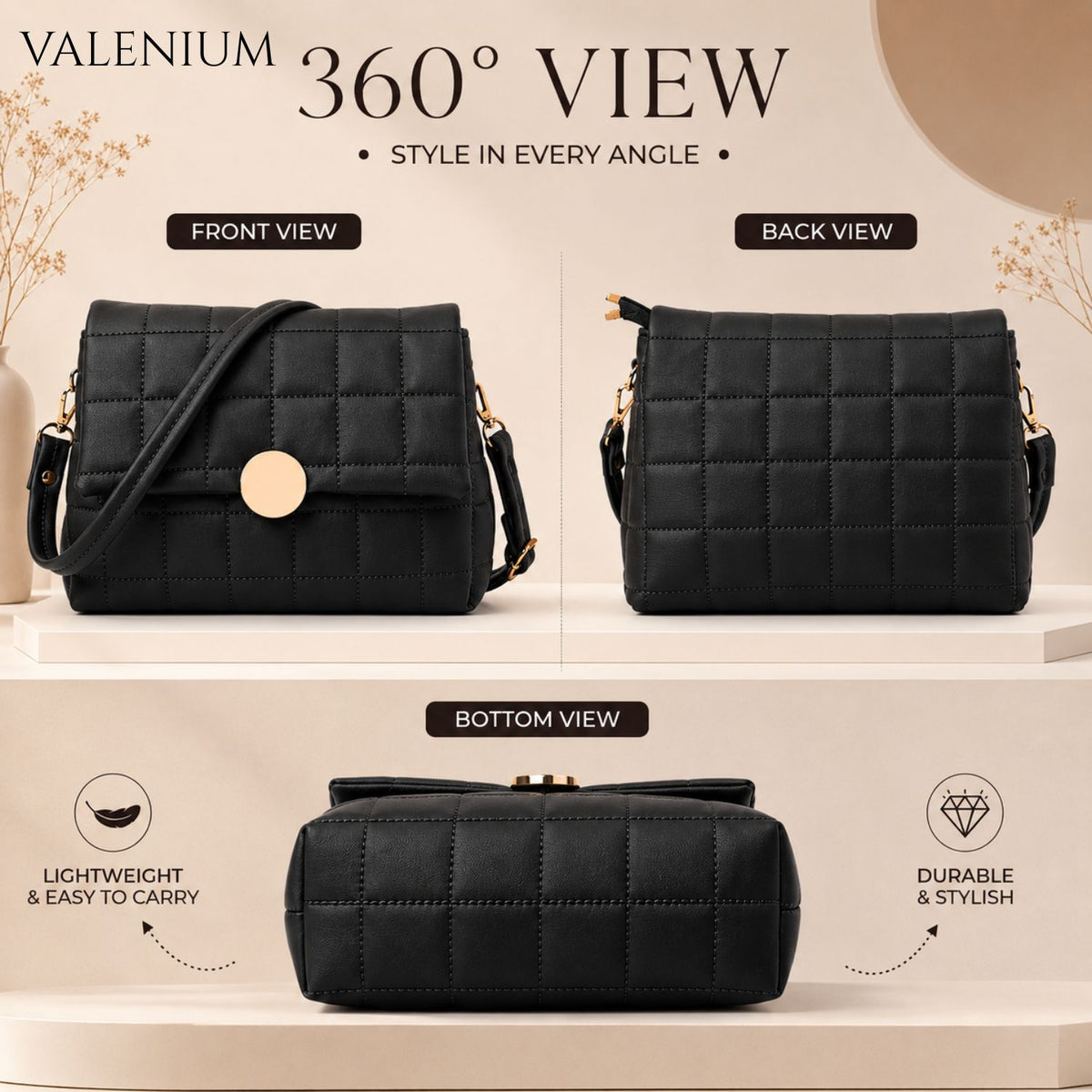 Valenium Quilted Cross Body Sling Bag (Black)