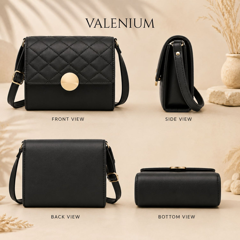 Valenium Quilted Round Lock Sling Bag (Black)