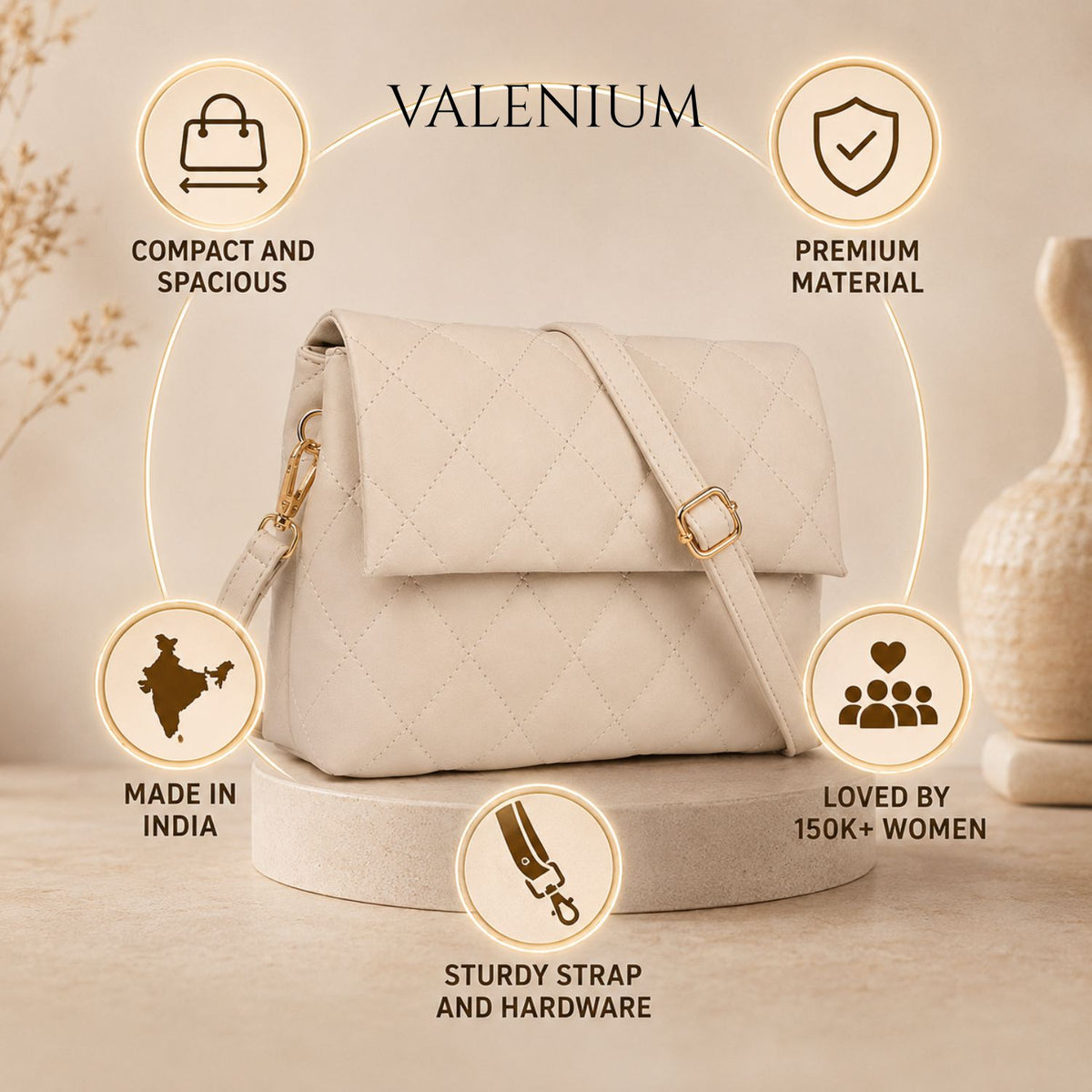 Valenium Nova Quilted Cross Body Sling Bag (Off White)