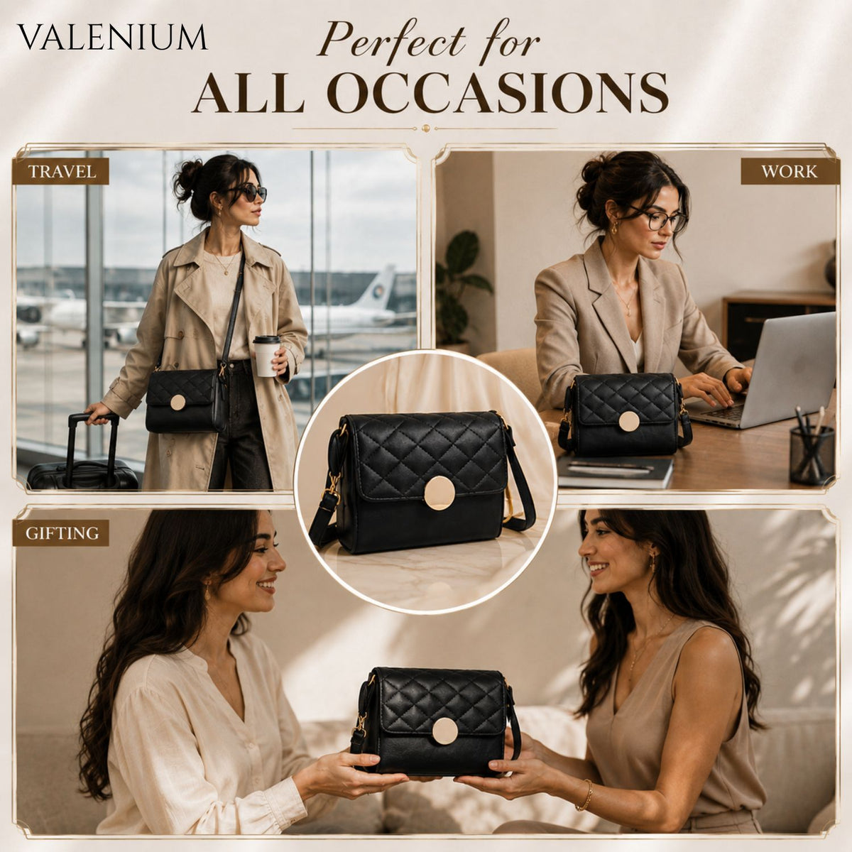 Valenium Quilted Round Lock Sling Bag (Black)
