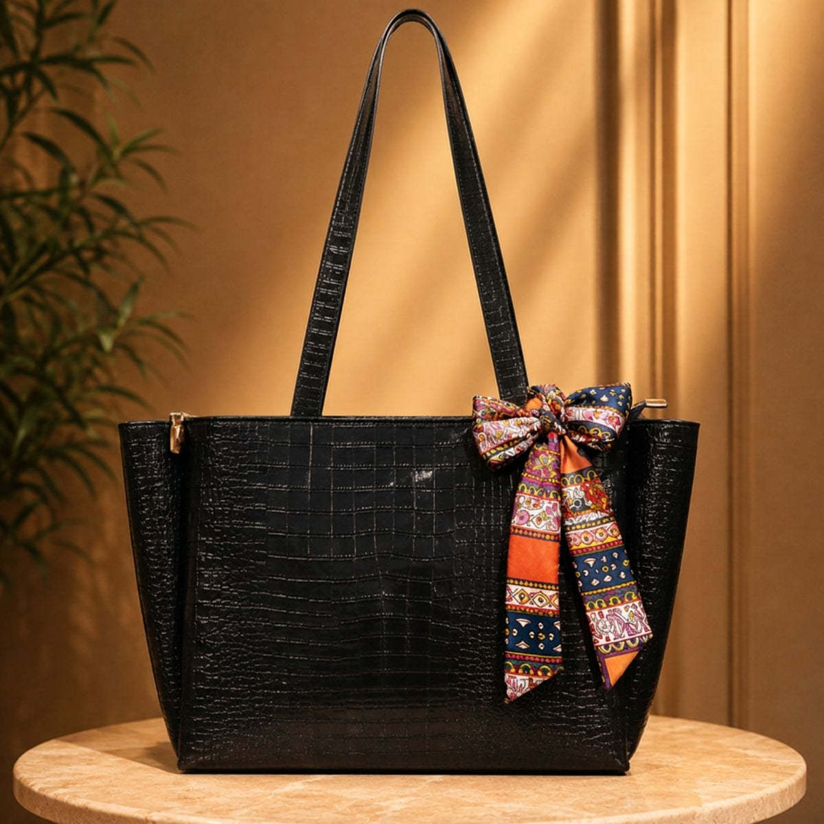 Valenium Croco Textured Shoulder HandBag (Jet Black)