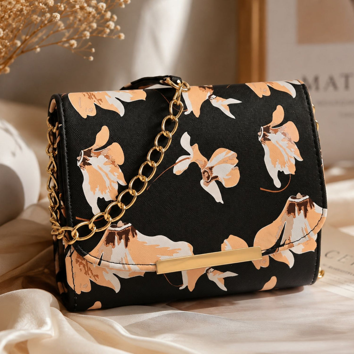 Valenium Women Girls Floral Print Sling Bag Crossbody (Black)