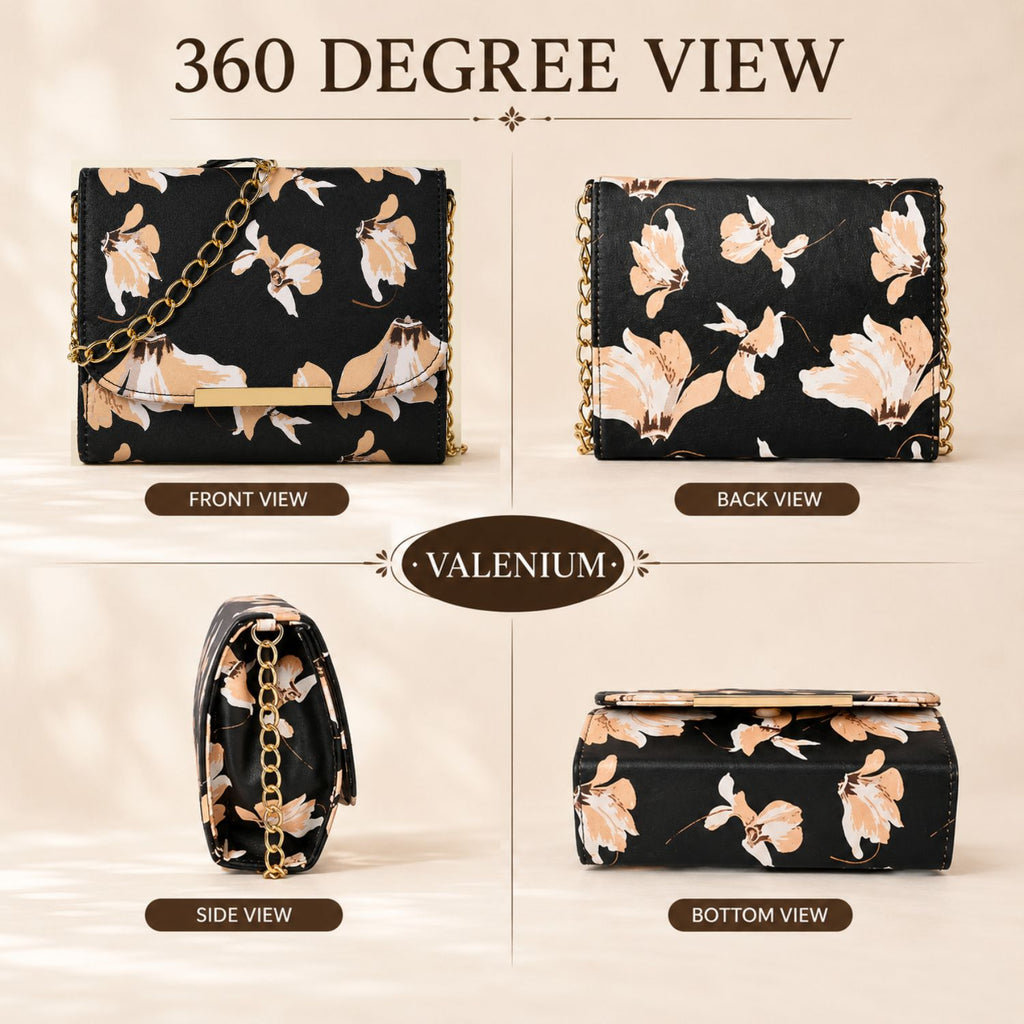 Valenium Women Girls Floral Print Sling Bag Crossbody (Black)