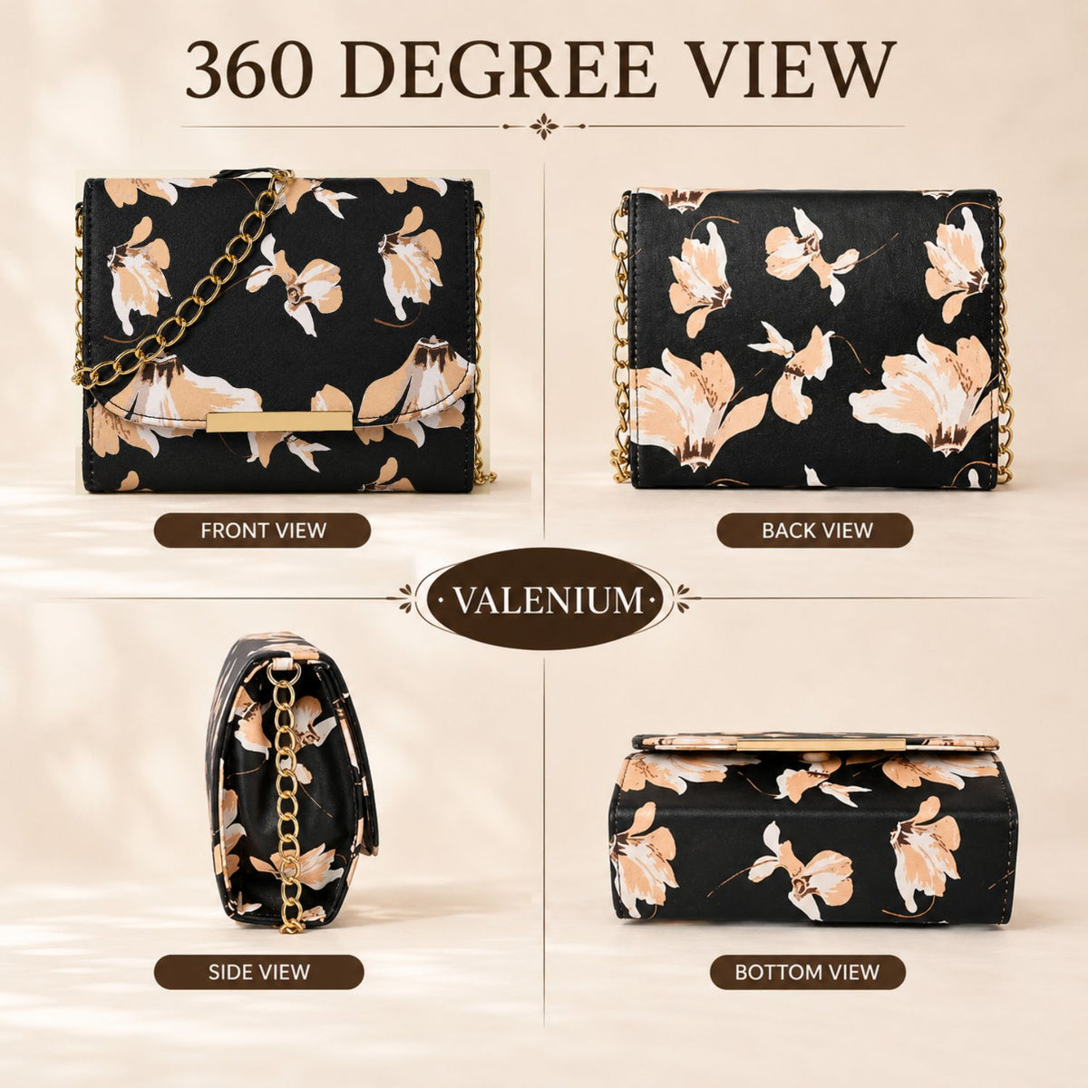 Valenium Women Girls Floral Print Sling Bag Crossbody (Black)