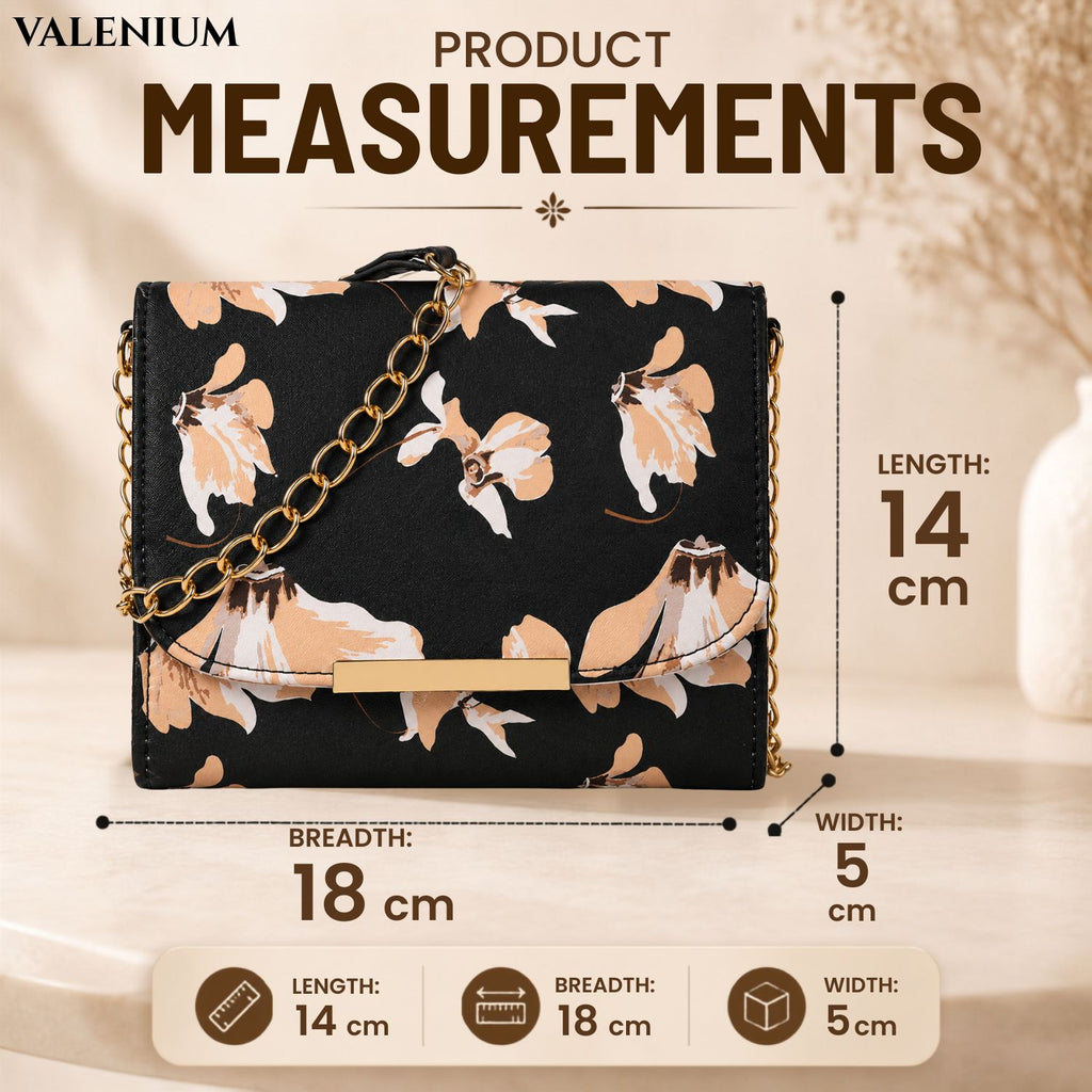 Valenium Women Girls Floral Print Sling Bag Crossbody (Black)