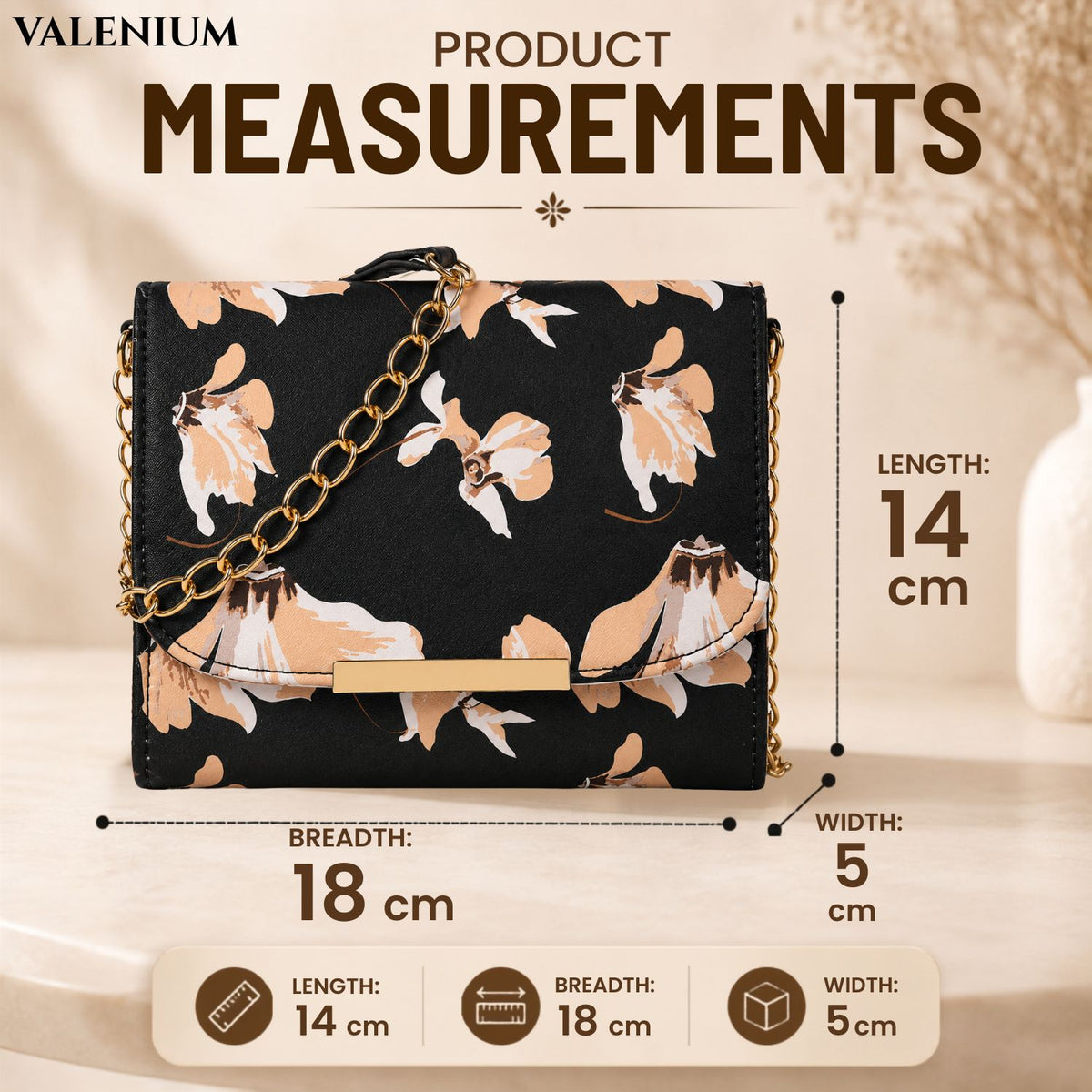 Valenium Women Girls Floral Print Sling Bag Crossbody (Black)