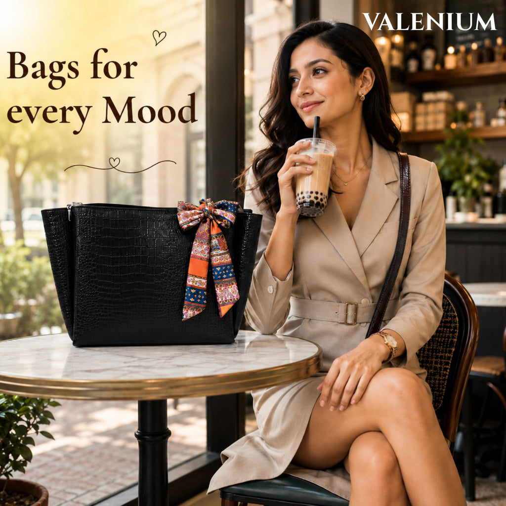 Valenium Croco Textured Shoulder HandBag (Jet Black)