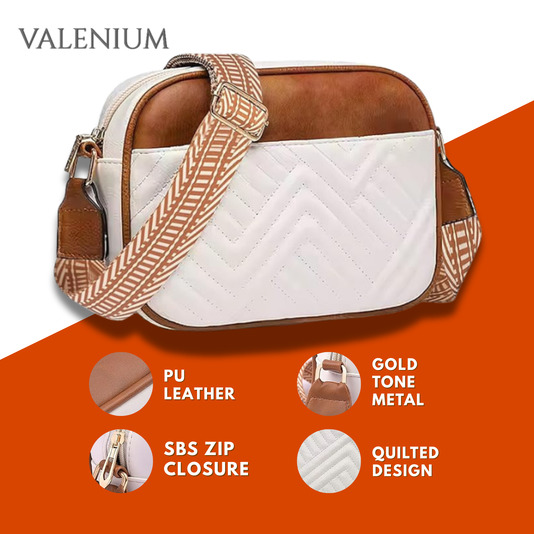 Valenium Cross Body Sling Bag (Brown & White)