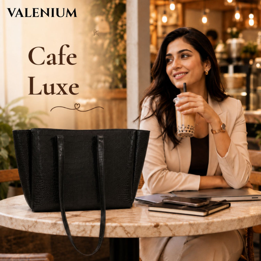 Valenium Croco Textured Shoulder HandBag (Jet Black)