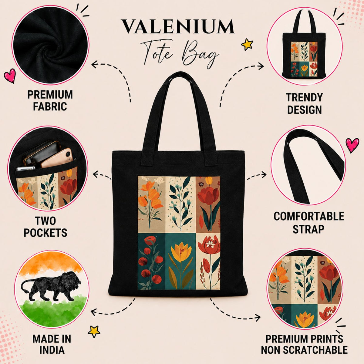 Valenium Poppy Printed Tote Bag
