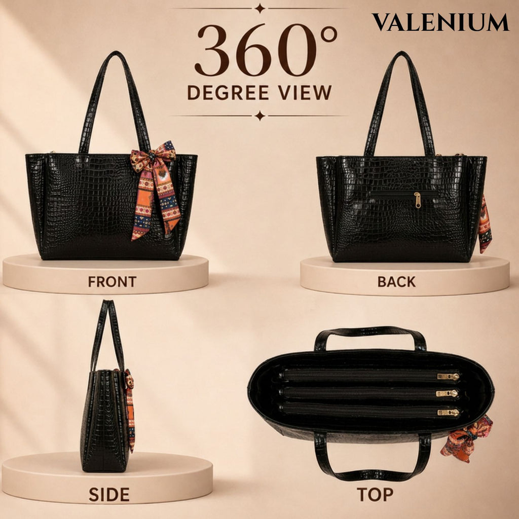 Valenium Croco Textured Shoulder HandBag (Jet Black)