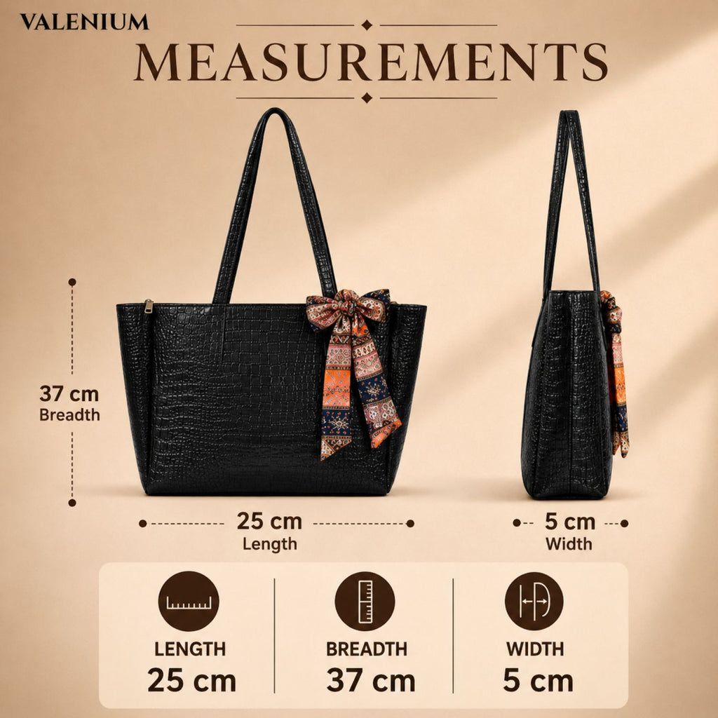 Valenium Croco Textured Shoulder HandBag (Jet Black)