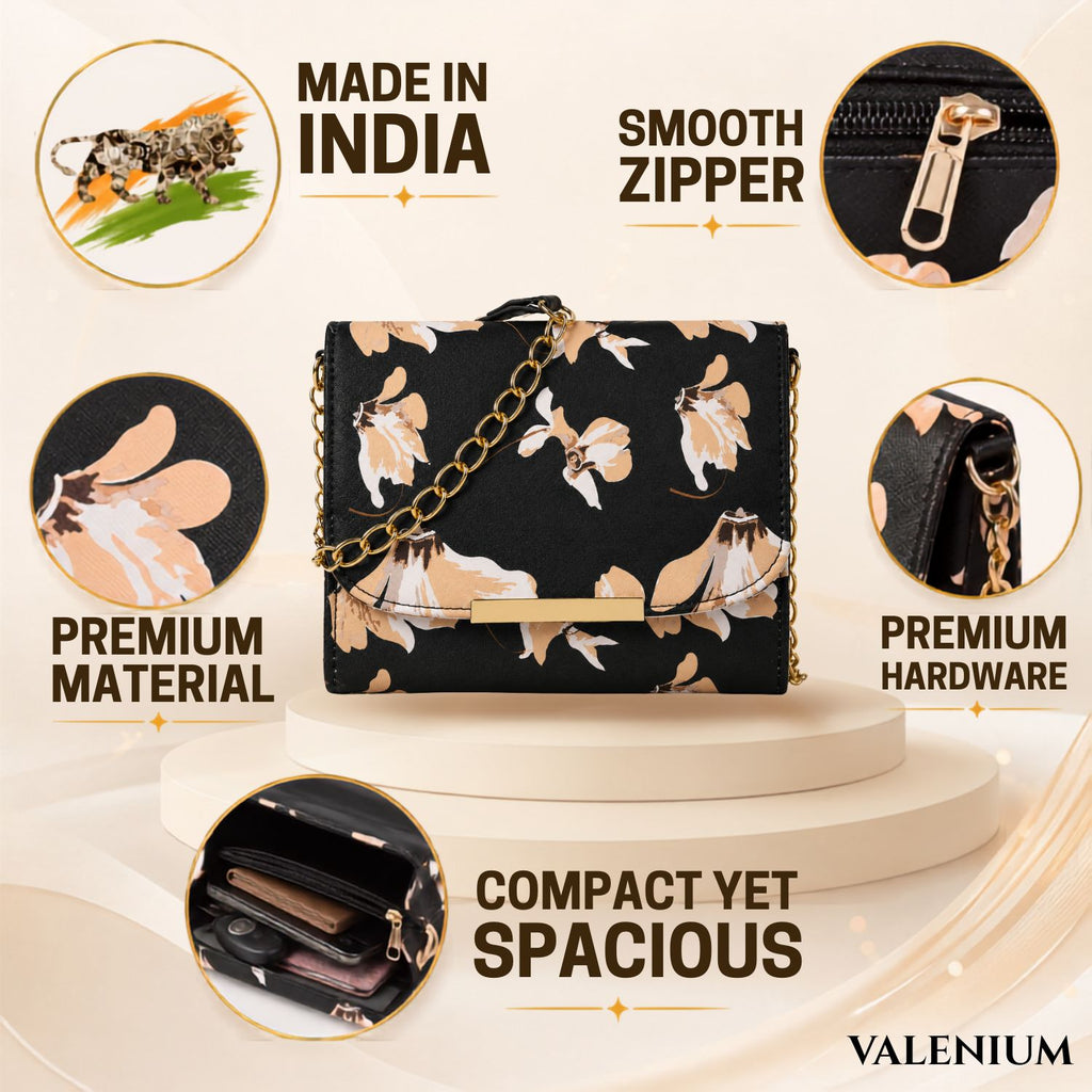 Valenium Women Girls Floral Print Sling Bag Crossbody (Black)