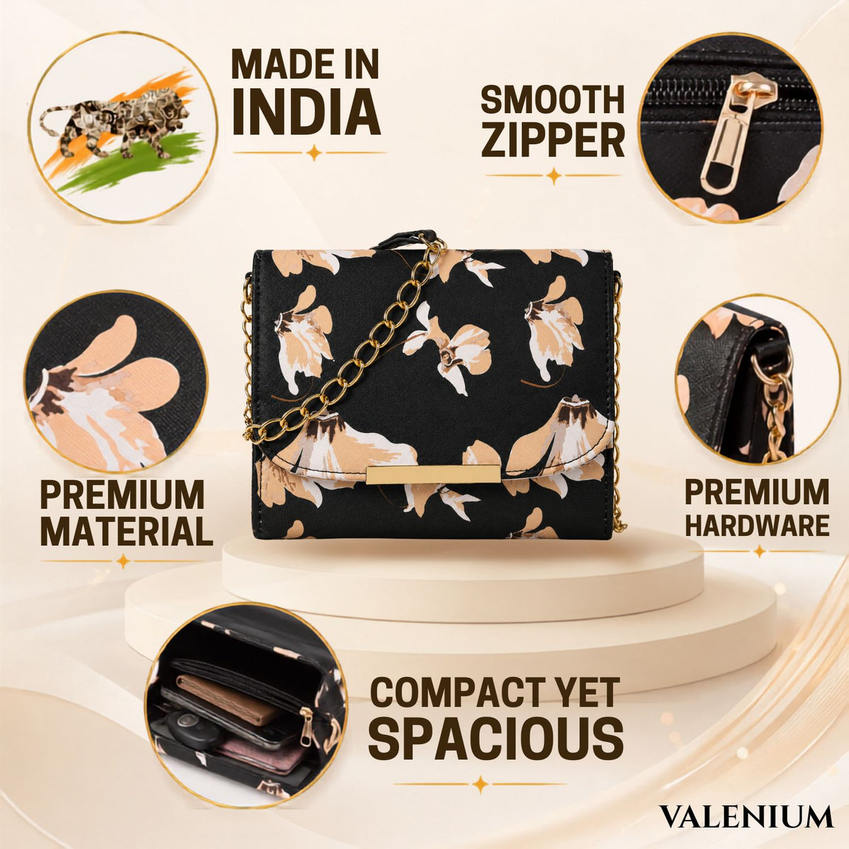 Valenium Women Girls Floral Print Sling Bag Crossbody (Black)