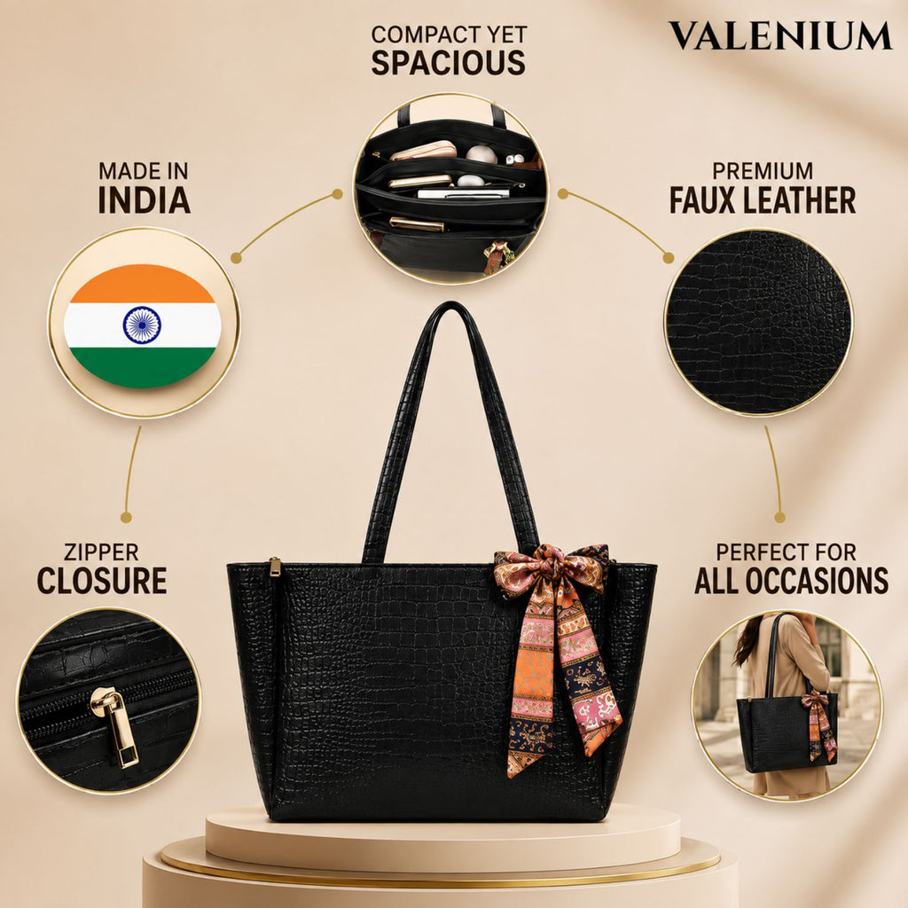 Valenium Croco Textured Shoulder HandBag (Jet Black)