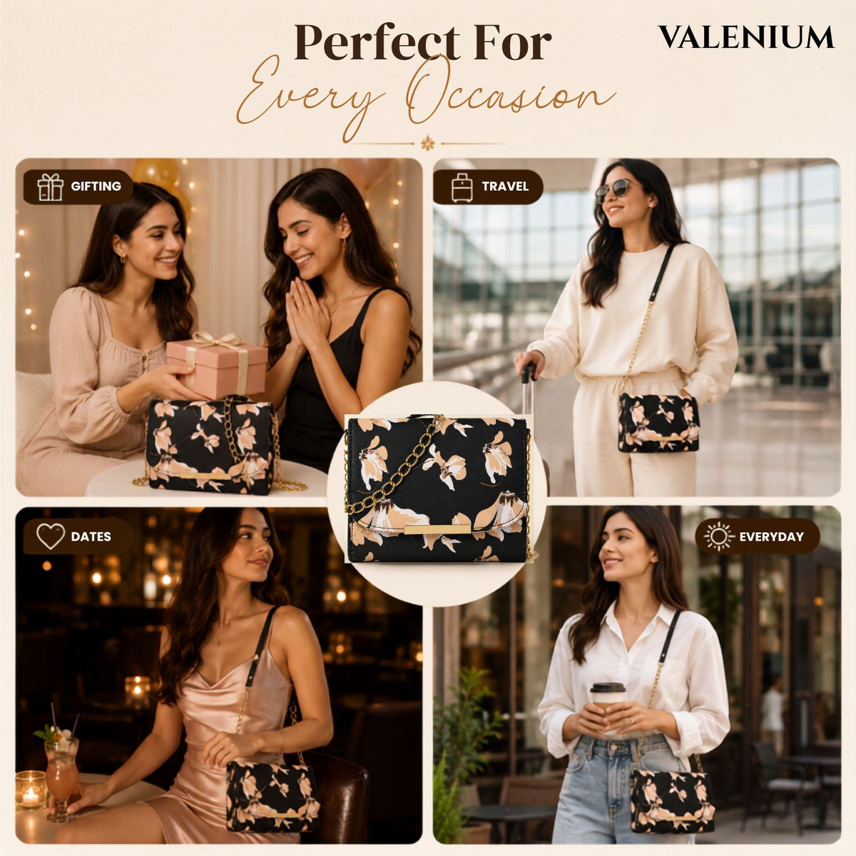 Valenium Women Girls Floral Print Sling Bag Crossbody (Black)