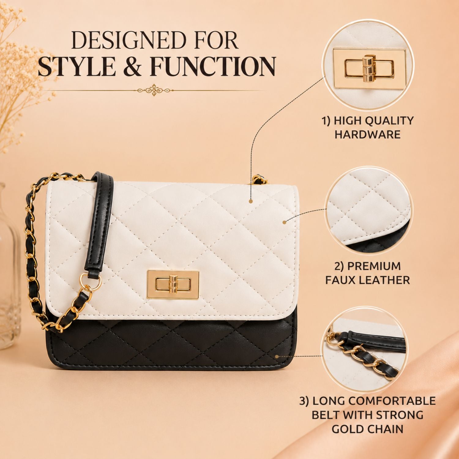 Valenium Quilted Chain Sling Bag (Off-white)