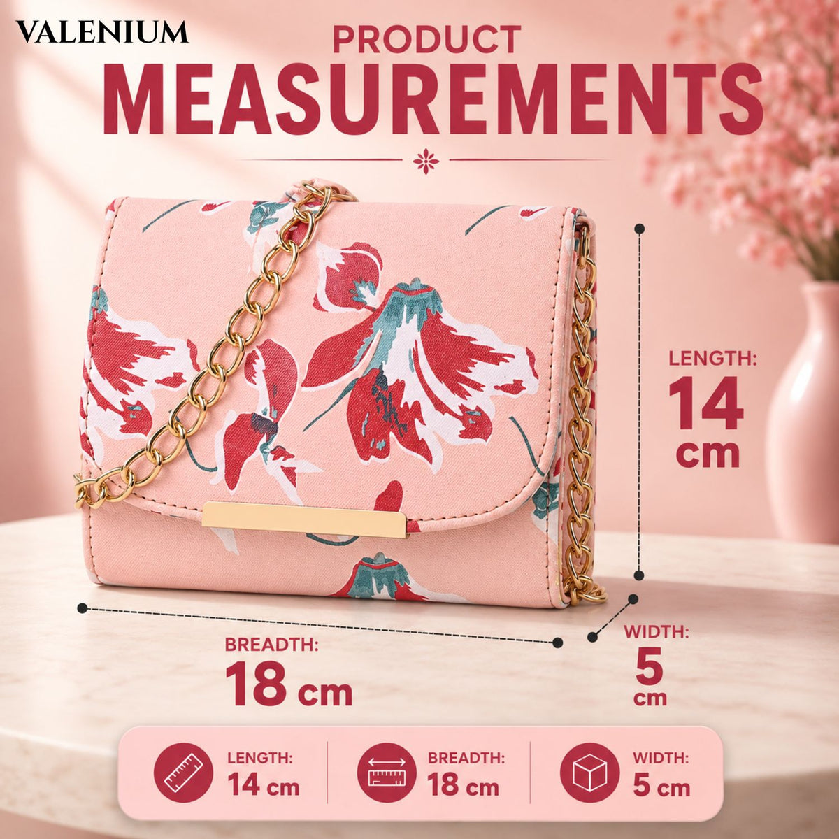 Valenium Women Girls Floral Print Sling Bag Crossbody (Pink)