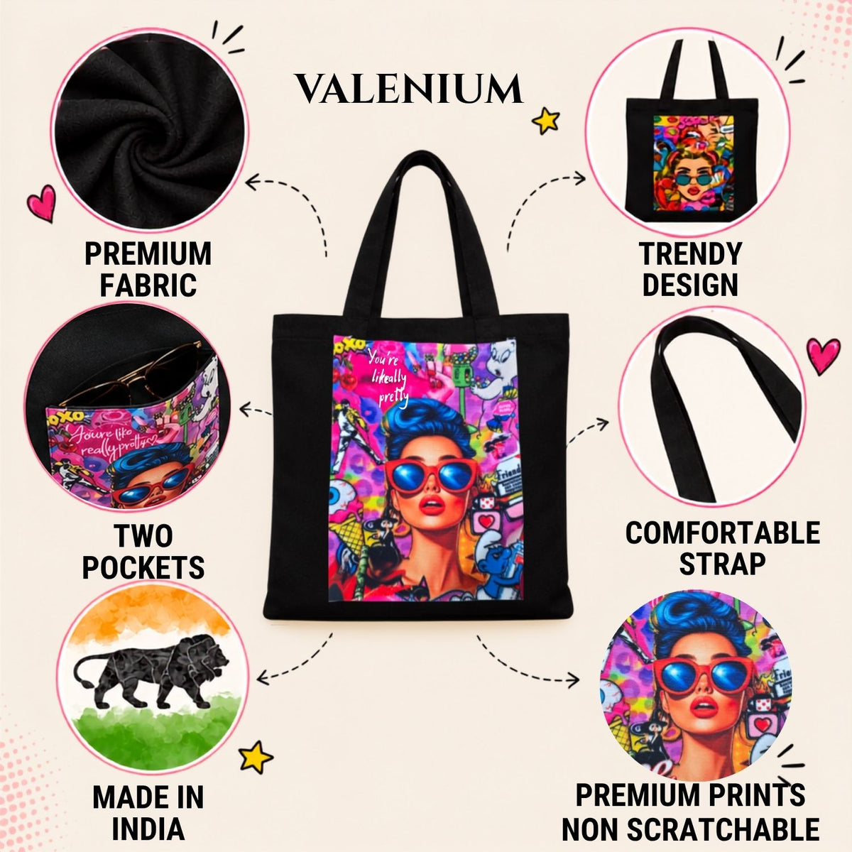 Valenium Retro Pop Printed Tote Bag