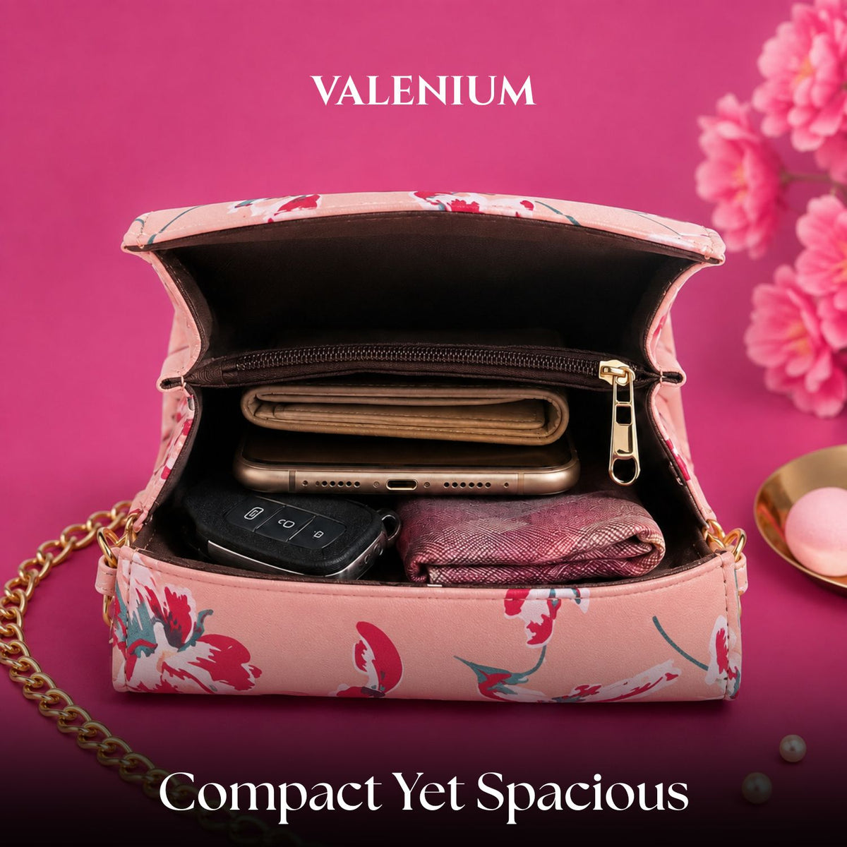 Valenium Women Girls Floral Print Sling Bag Crossbody (Pink)