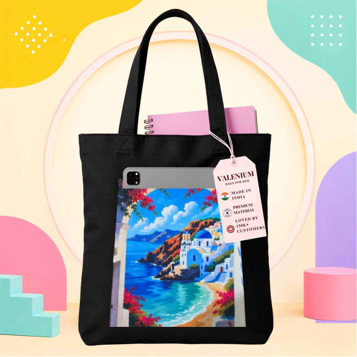 Valenium Santorini Coastal View Printed Tote Bag