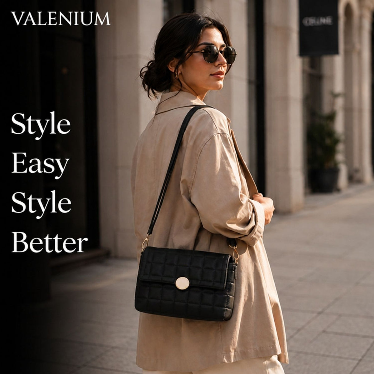 Valenium Quilted Cross Body Sling Bag (Black)