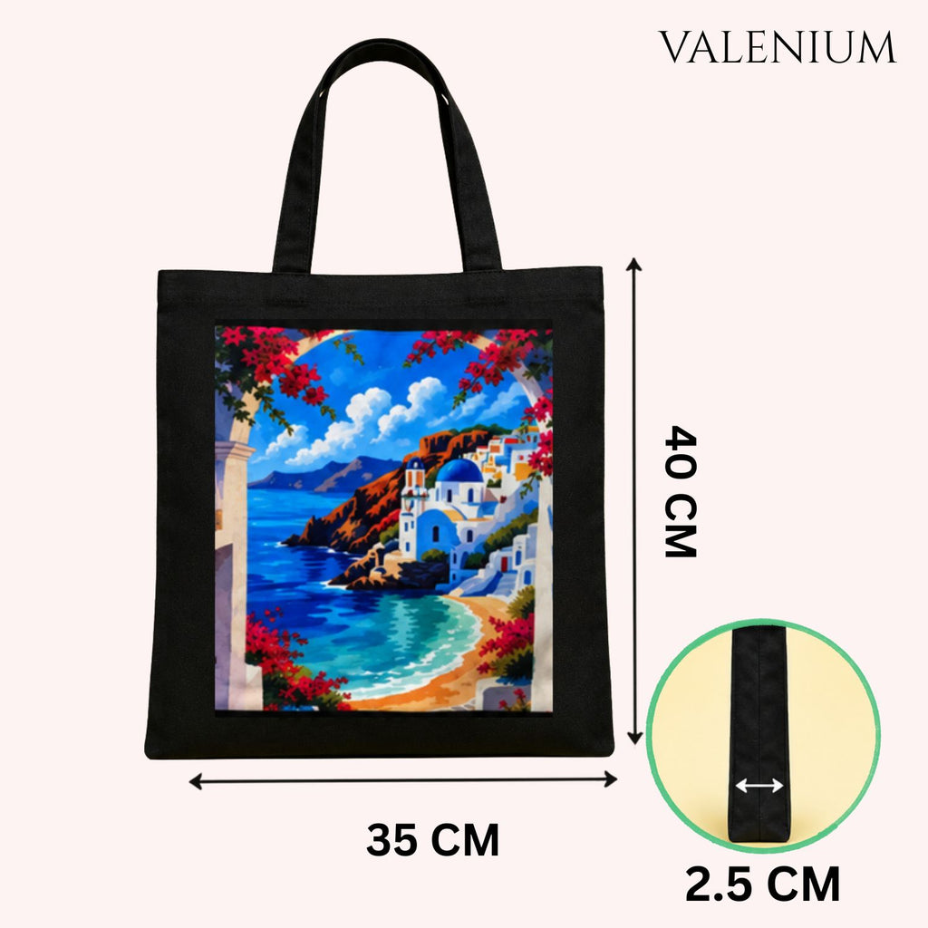 Valenium Santorini Coastal View Printed Tote Bag