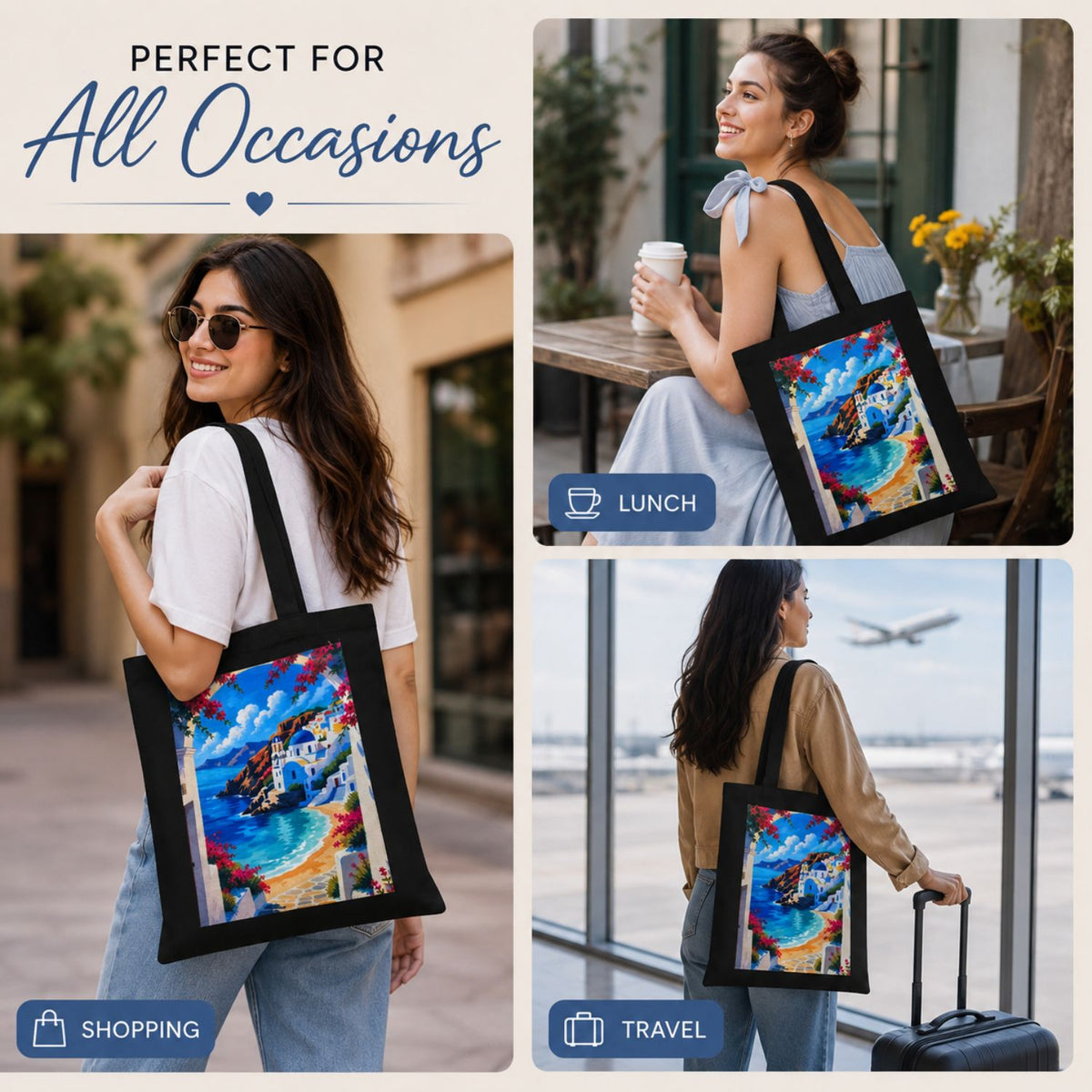 Valenium Santorini Coastal View Printed Tote Bag