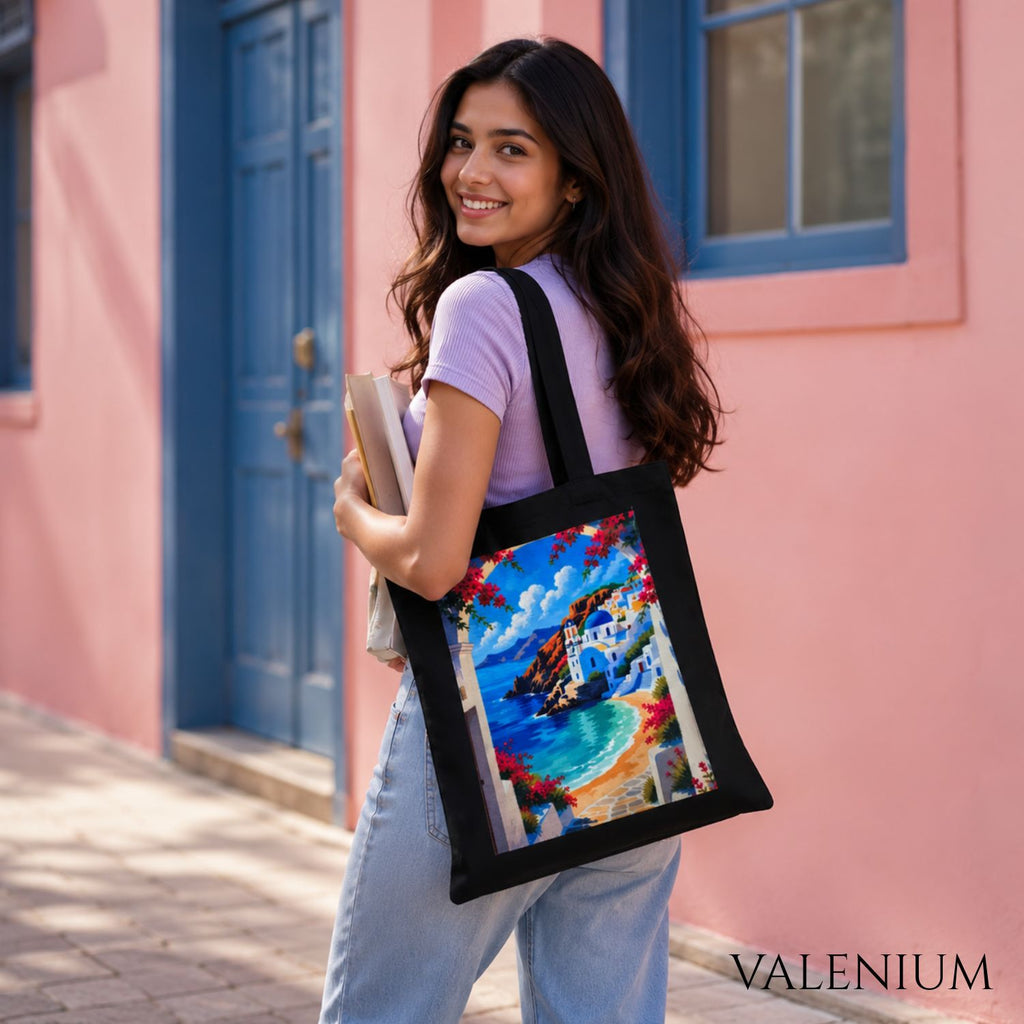 Valenium Santorini Coastal View Printed Tote Bag