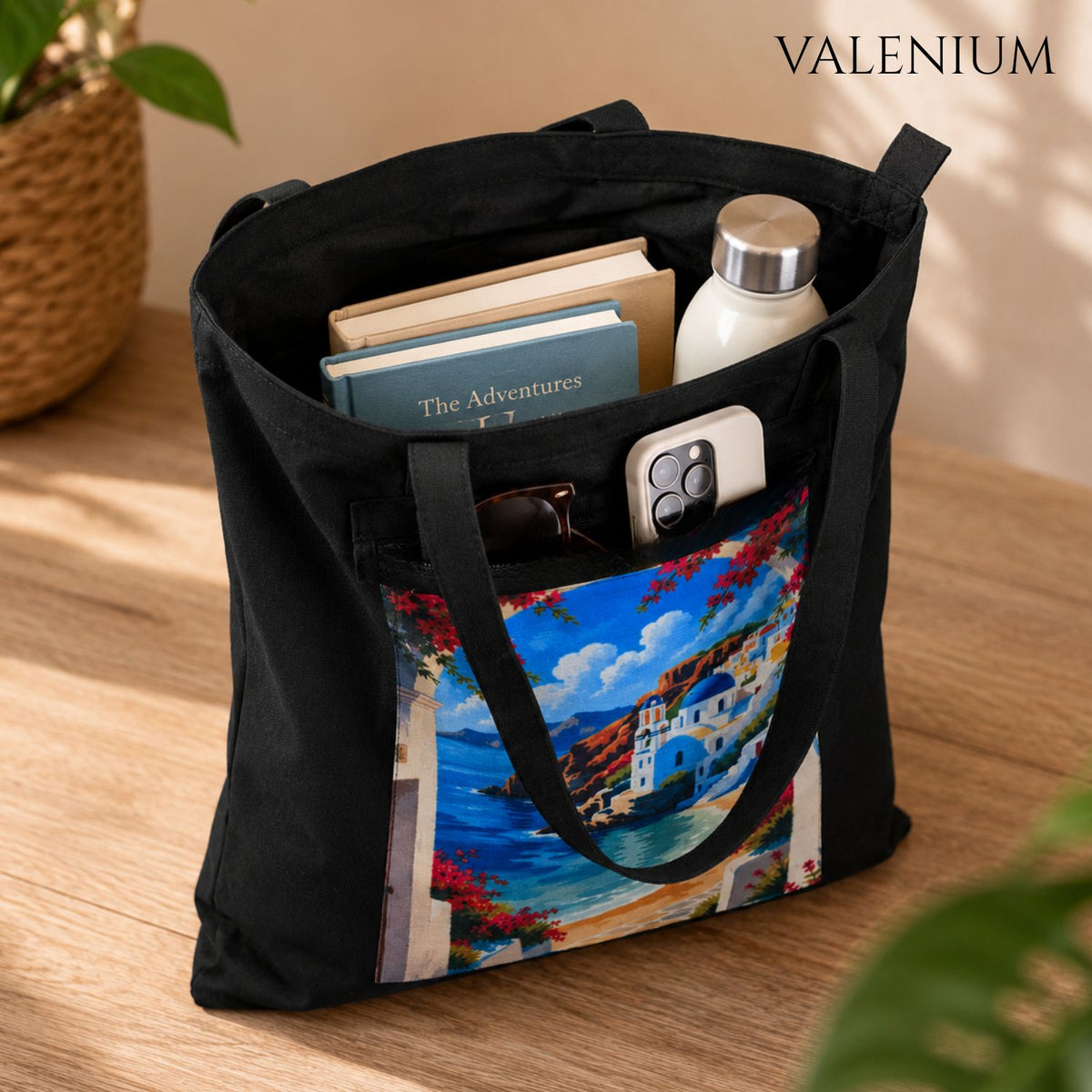 Valenium Santorini Coastal View Printed Tote Bag