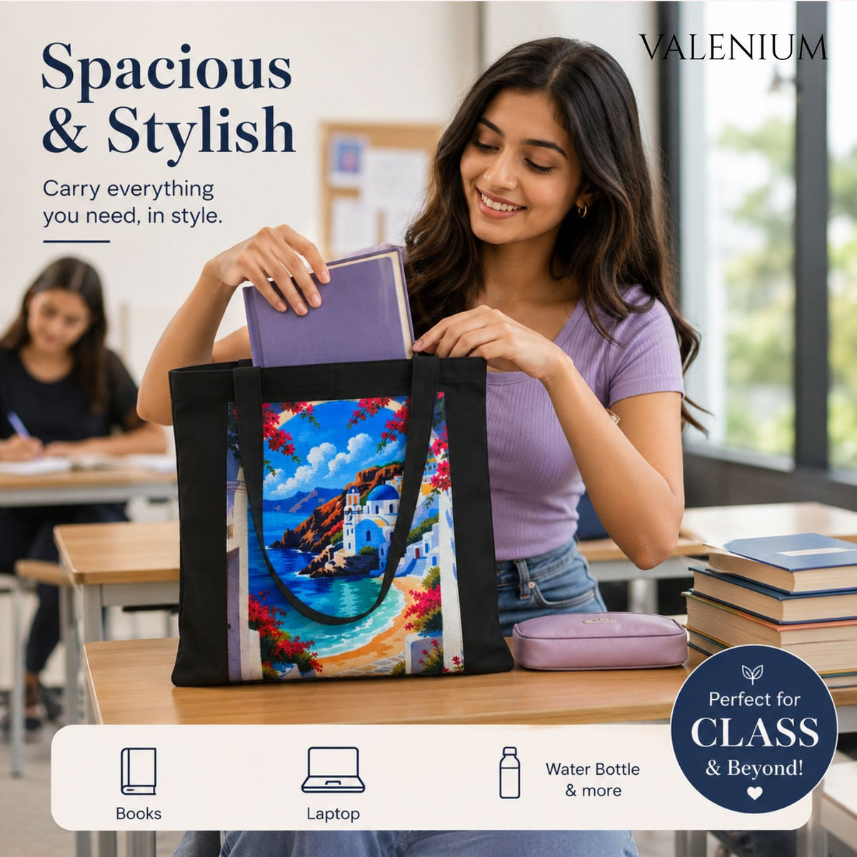 Valenium Santorini Coastal View Printed Tote Bag