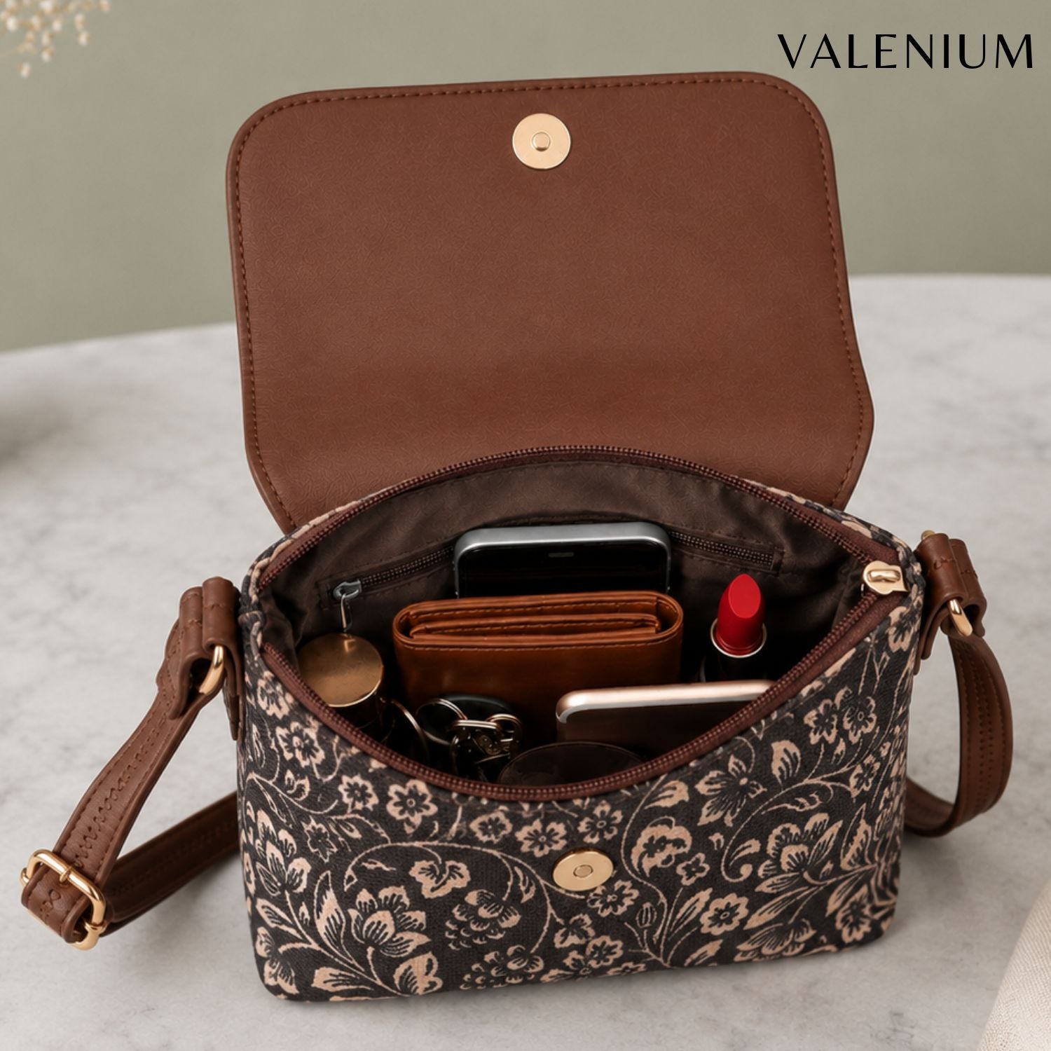 Valenium Printed Sling Bag (Brown & Black)