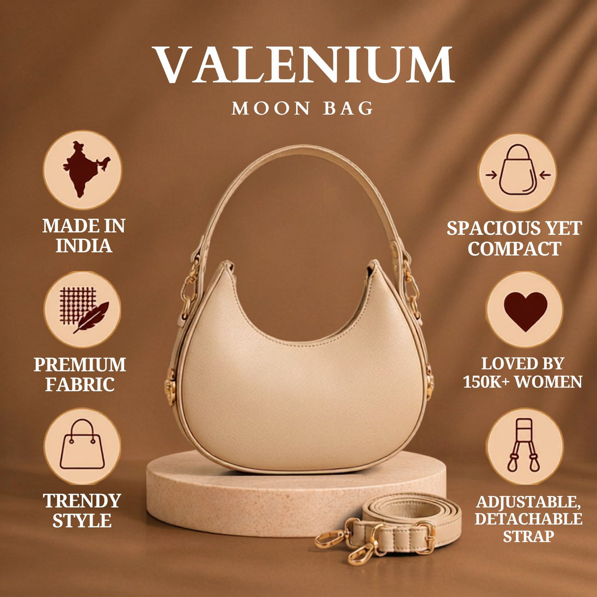 Valenium Half Moon Cream Sling Bag with Double Strap