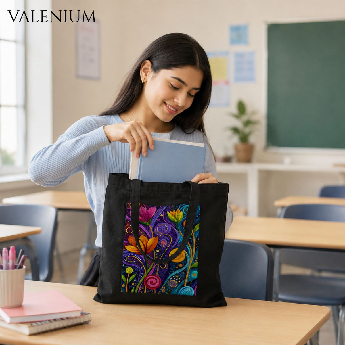 Valenium Swirling Floral Printed Tote Bag