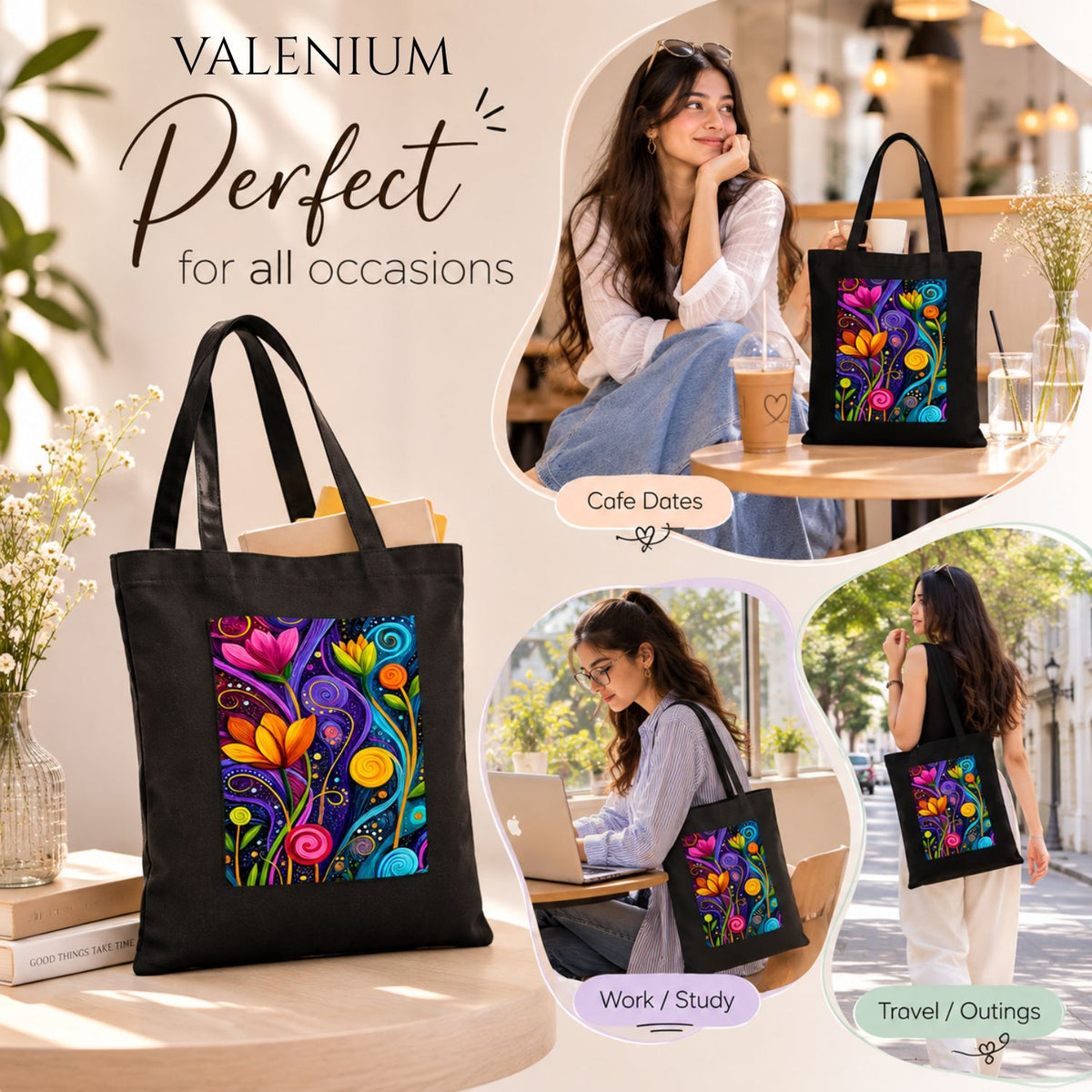 Valenium Swirling Floral Printed Tote Bag