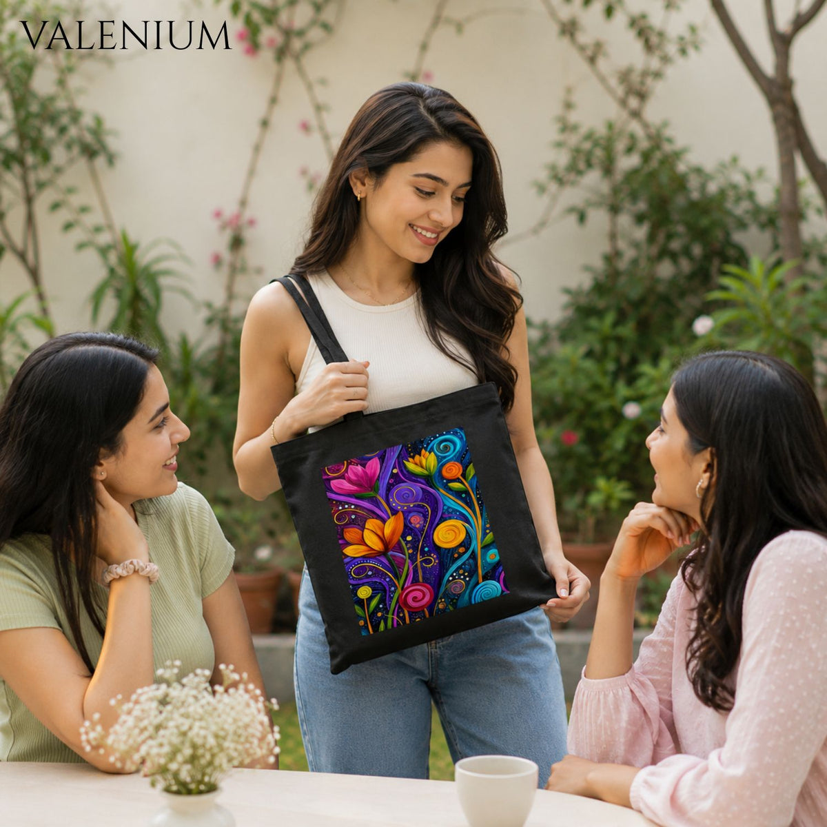 Valenium Swirling Floral Printed Tote Bag