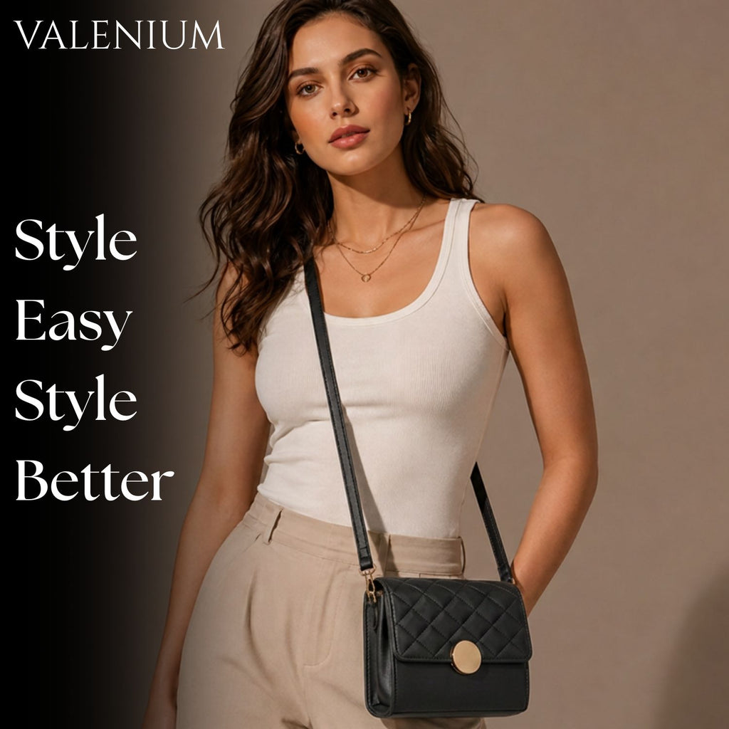 Valenium Quilted Round Lock Sling Bag (Black)