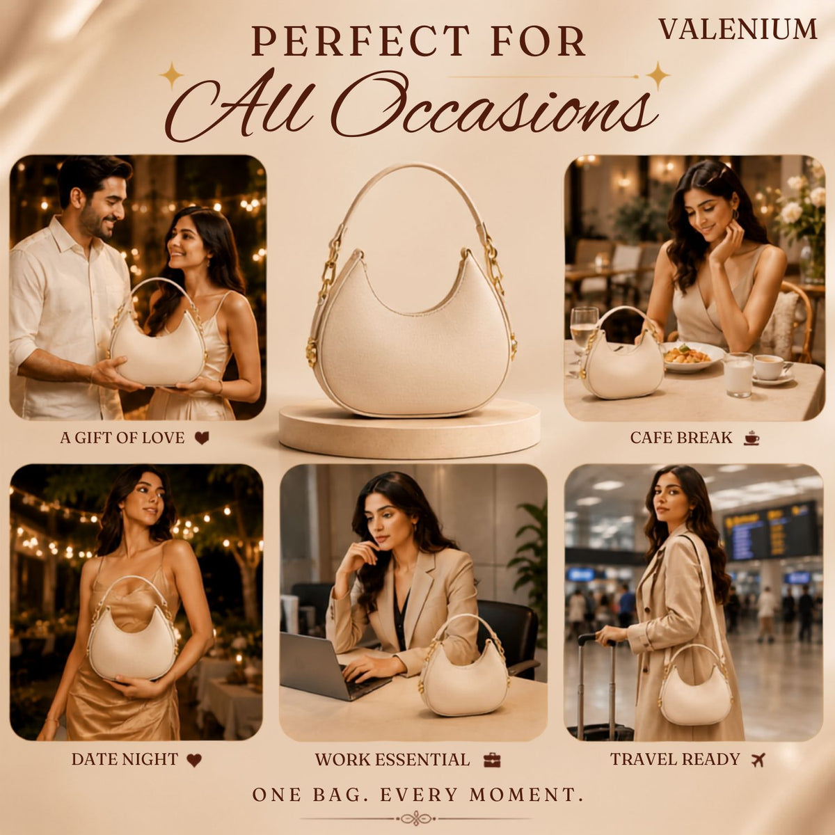 Valenium Half Moon Cream Sling Bag with Double Strap