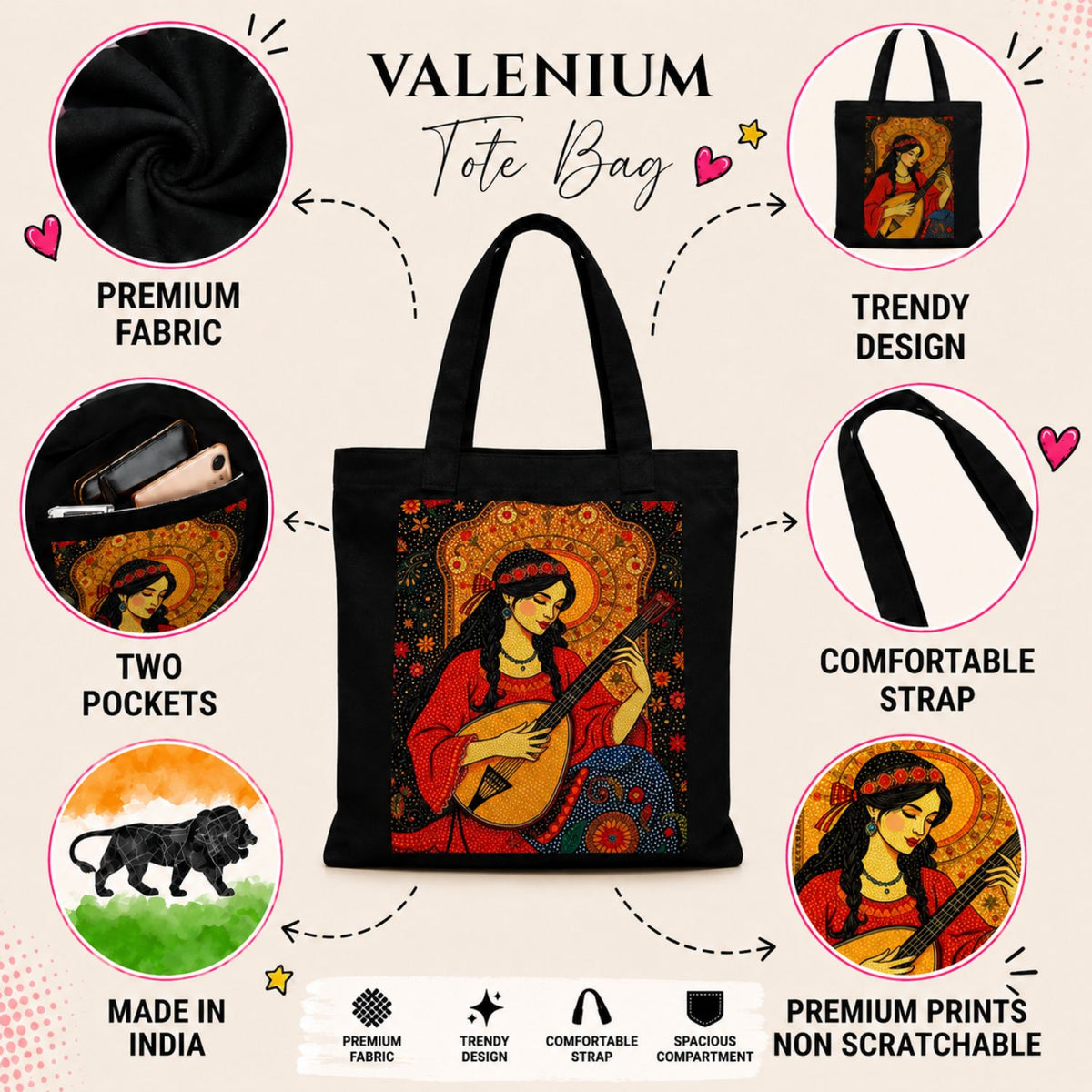 Valenium Bohemian Melody Muse Printed Tote Bag