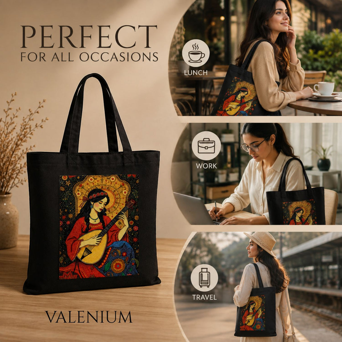 Valenium Bohemian Melody Muse Printed Tote Bag