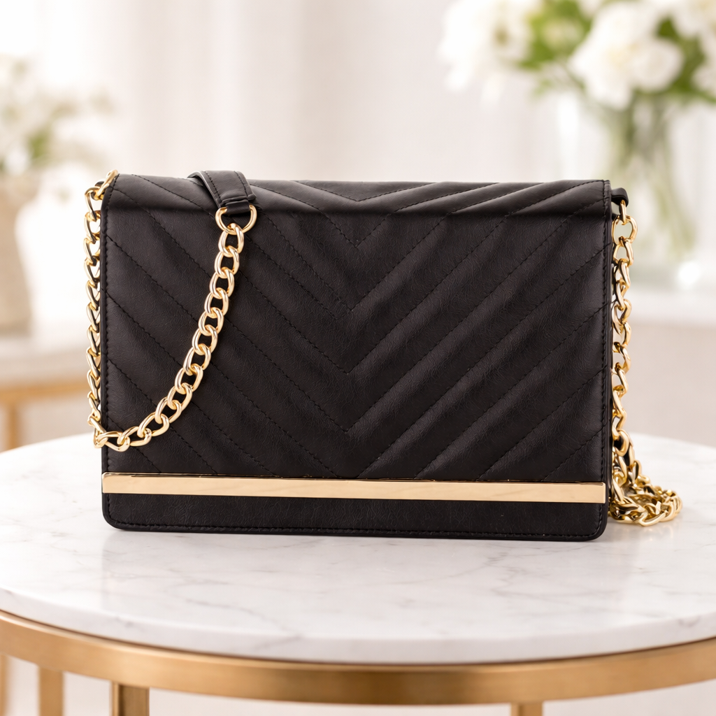 Valenium Sling Bag with Gold Chain (Black)