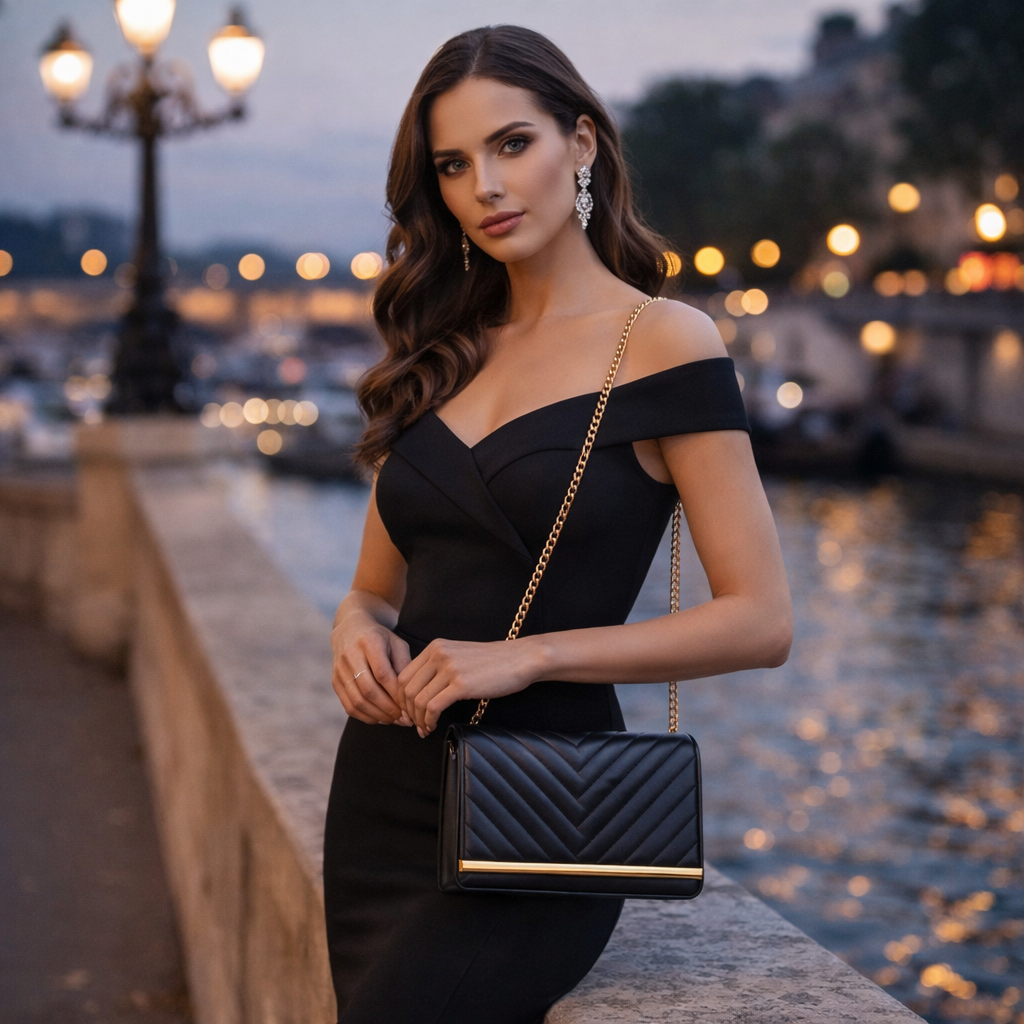Valenium Sling Bag with Gold Chain (Black)