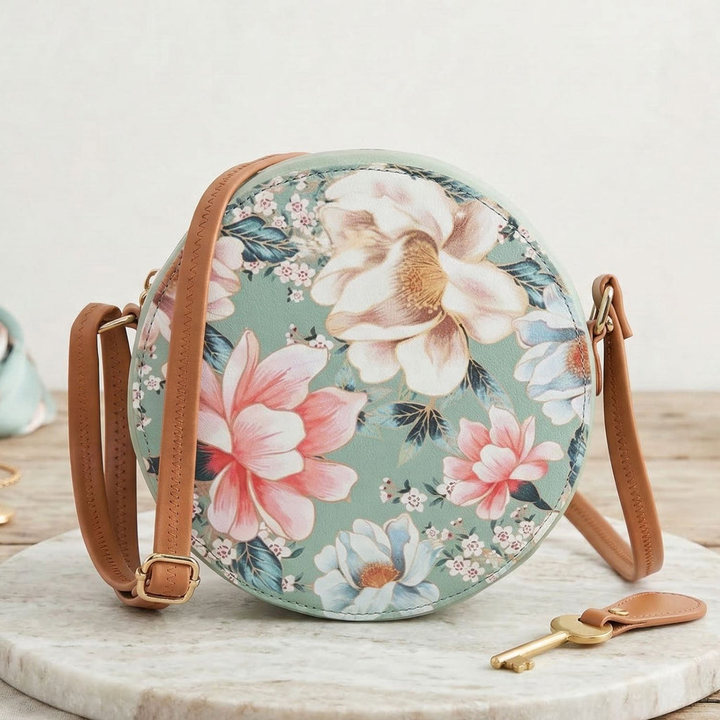 Valenium Flower Print Round Sling Bag (Sage Green)