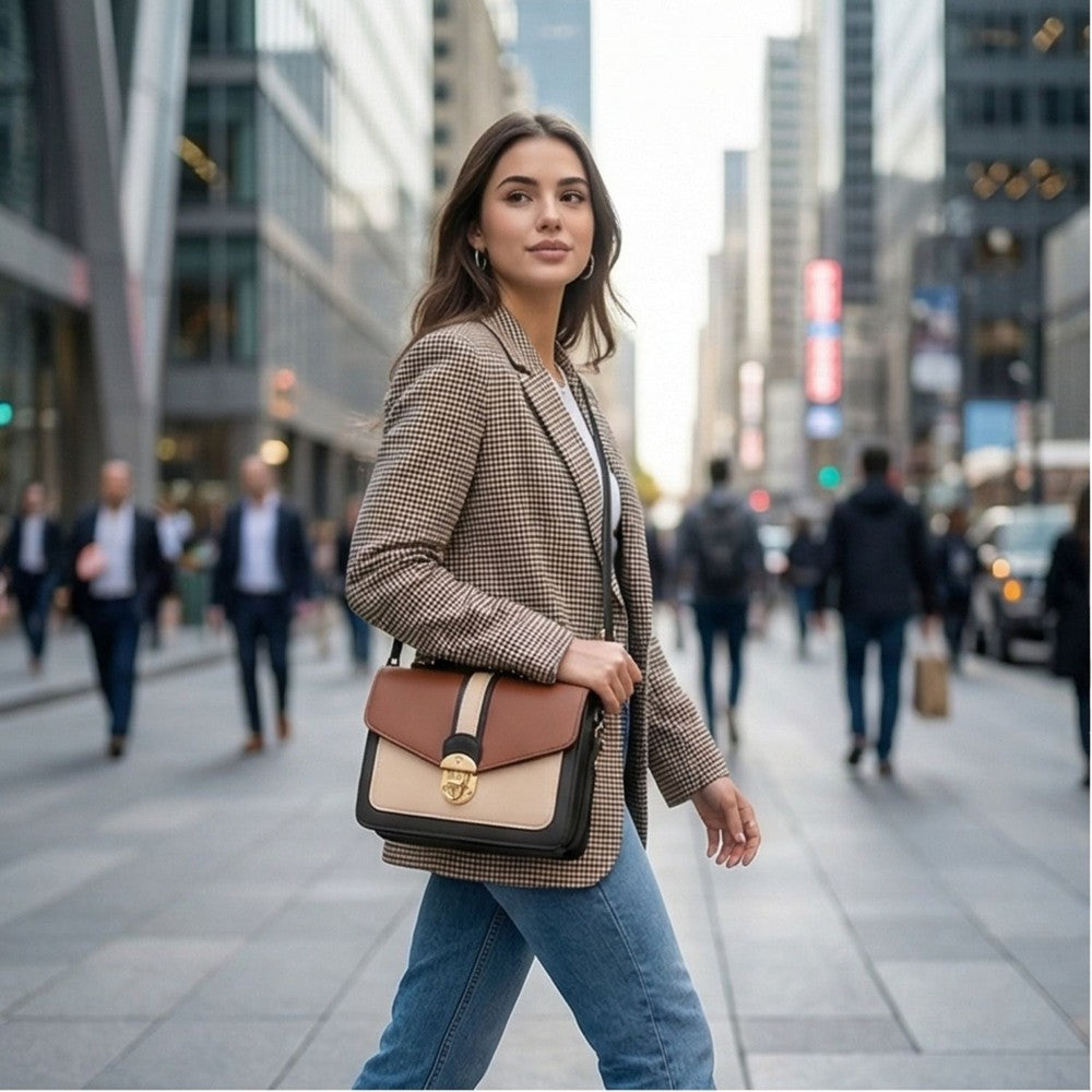 Valenium Sling Bag with Twist Lock (Beige & Brown)
