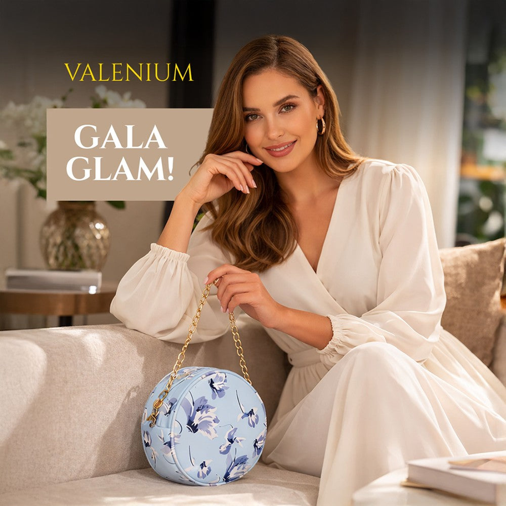Valenium Floral Printed Round Sling Bag (Sky Blue)
