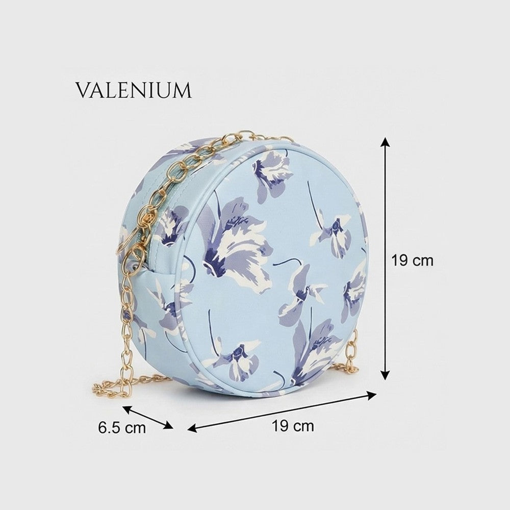 Valenium Floral Printed Round Sling Bag (Sky Blue)
