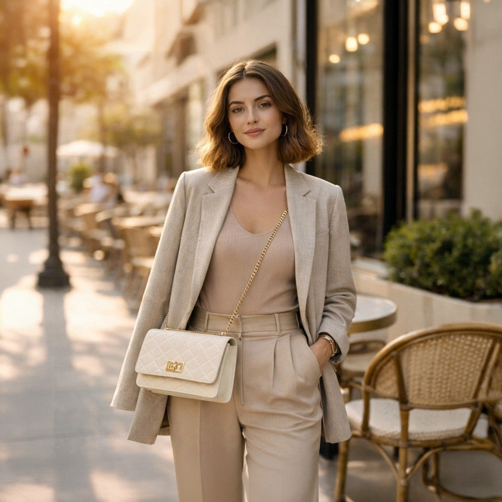 Valenium Sling Bag with Gold Chain (Off White)