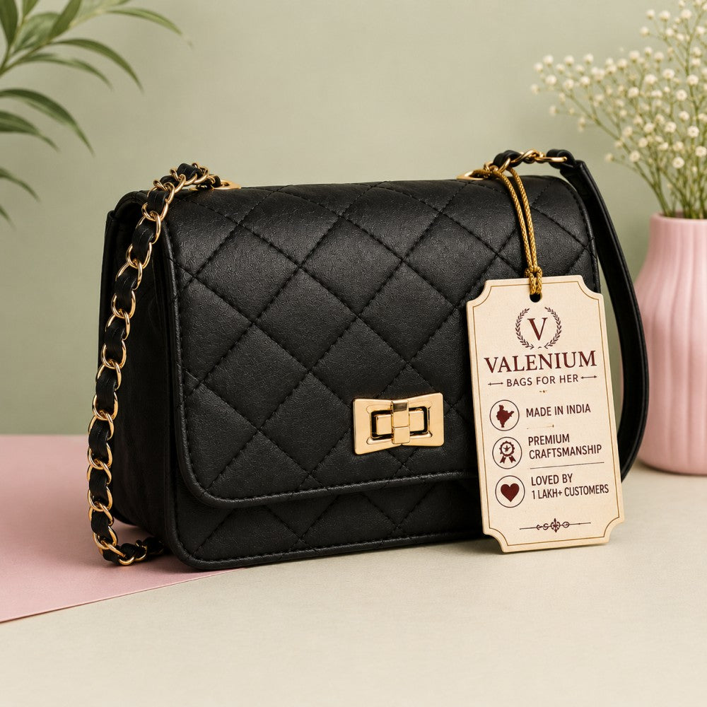 Valenium Women's Quilted Sling Bag (Black)